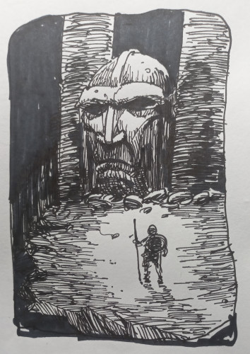 An explorer ponders the Great Stone Head