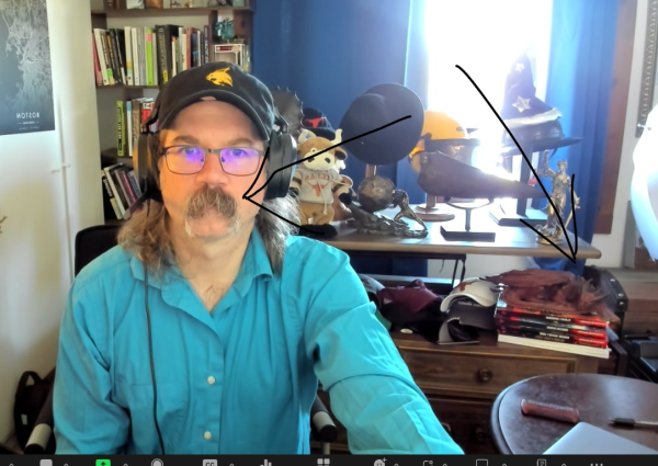 Guy in zoom screen shot with greying long hair, mustache and cap. Curiosos are displayed behind him. Drawn arrows point toward hair and pseudodragon statue sitting on books.