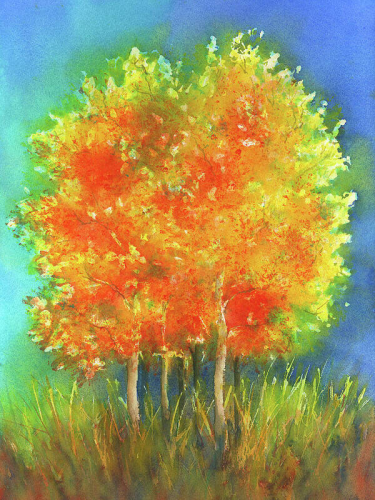Small grove is a hand-painted watercolor painting in portrait format by artist Karen Kaspar.
A group of trees stands against a background in strong blue tones. The trees' foliage is painted with bright orange, yellow and green hues, creating a vivid contrast to the blue of the background. The leaves have been painted with loose brushstrokes, creating a feeling of lightness and movement, while the tall grass beneath the trees provides a textured foreground.