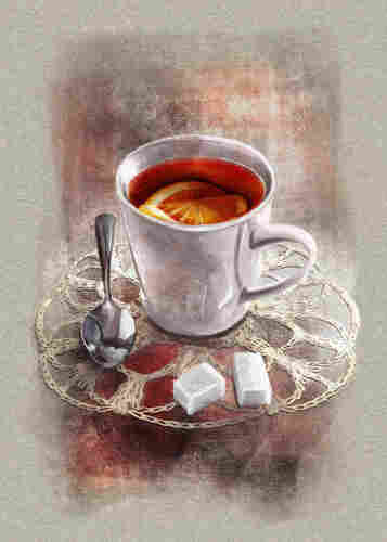 A cup of tea with a slice of lemon on a saucer, accompanied by a spoon and two sugar cubes. The image has a textured, artistic filter applied.