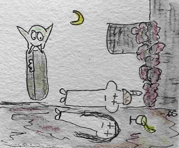 Hand-drawn image featuring a vampire standing in front of two dead people, man and woman. This happens under a crescent moon, under a balcony with flowers growing along the house. A cup that spills fluorescent green liquid lies next to the dead couple.