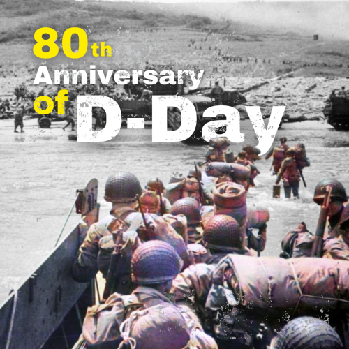 A photo showing Allied troops on an amphibious vehicle landing on the coast of Normandy. In the background, other troops and tanks move onto the beach. Superimposed is the text “80th Anniversary of D-Day.”

