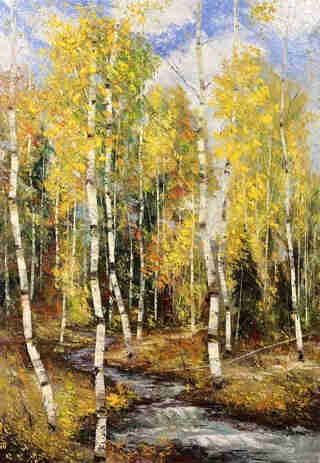 Painting of a group of thin high full yellow birch trees standing on soil covered with brown foliage, with a narrow light grey stream running between them, The sky is blue with white clouds. 