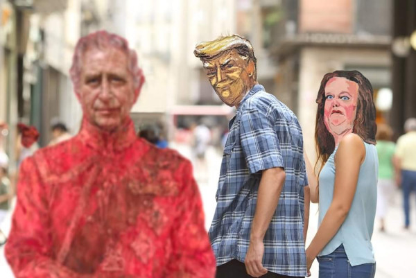 Remake of an older meme where a man & woman couple are in the background having just walked past another woman but stopped to turn. Originally, the man is gazing at the woman who walked past, & the woman with him is looking at him angrily. BUT in THIS MEME, the woman in the foreground is a cut out of the King Charles's portrait. Replacing the man's head is a trial court artist rendering of trump & the accompanying woman's head is a portrait of billionaire Gina Rinehart.