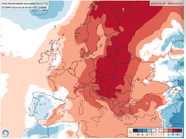 A map of Europe showing the temperature anomaly. Central Europe through the Arctic is 6 to 10 Celsius aboe normal. All of Europe is well above normal, except for the Iberian peninsula.