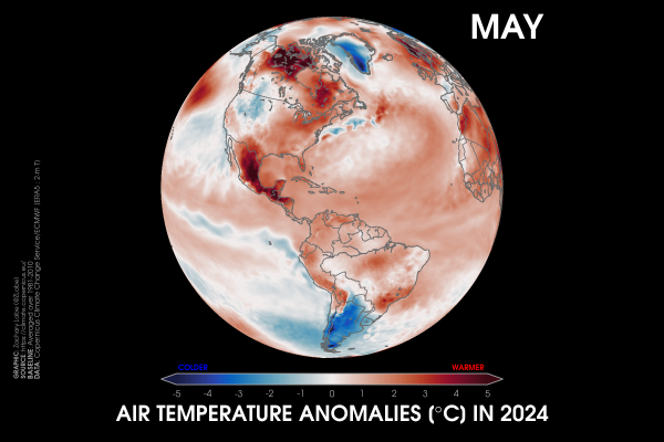 Orthographic map showing 2-m air temperature anomalies in May 2024 relative to a 1981-2010 baseline. This visualization shows North and South America. Most areas are warmer than average.