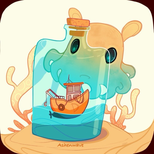 A colorful digital illustration of a cute little dumbo octopus looking curiously at a glass bottle with a tiny ship inside.