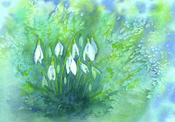 First signs of spring is a watercolor painting in landscape format by artist Karen Kaspar. It shows white Snowdrop or Galanthus flowers in a spring garden. The background is abstracted in vibrant shades of green and blue.