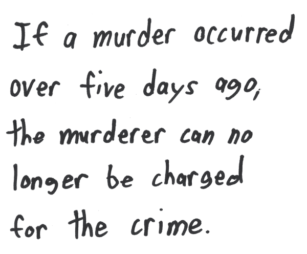 If a murder occurred over five days ago, the murderer can no longer be charged for the crime.