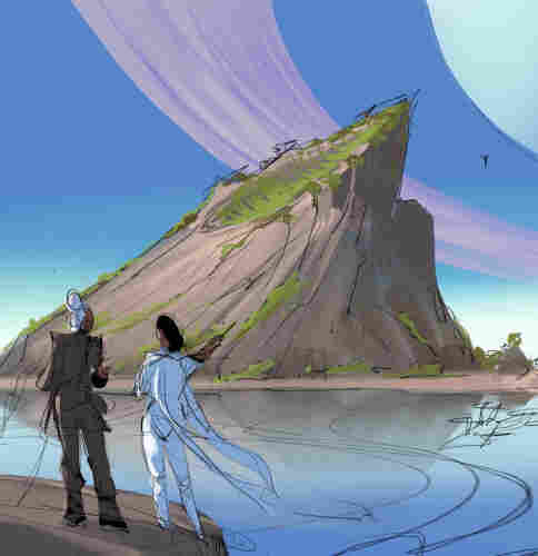 Unfinished art from a graphic novel showing a saturn like gas giant in the background of a blue sky. So we know we are from the vantage point of a moon on a gas giant. There are two humanoid figures pointing at an island 