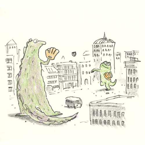 A cartoon illustration of Godzilla playing catch with his son, Godzuki, using a small car as the ball.