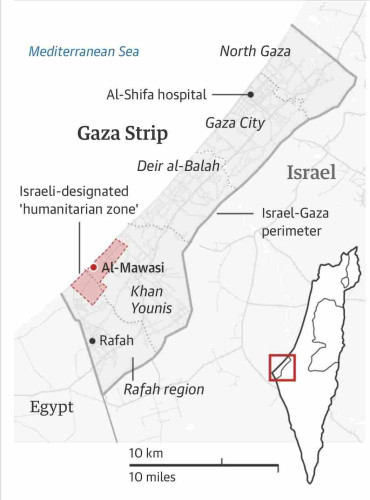 Map of Gaza strip showing humanitarian zone, a very small parcel of land along the beach in southern gaza