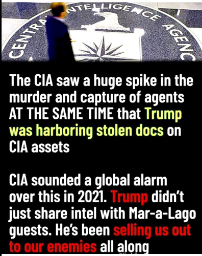 Pictur of Text:
The CIA saw a huge spike in the murder and capture of agents at the same time that TRUMP was harboring stolen secret documents
