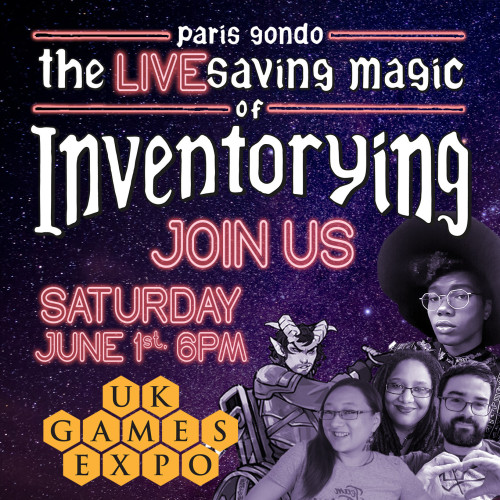 Promotional visual for the Paris Gondo - The Life-Saving Magic of Inventorying live show at UK Games Expo. 