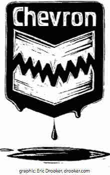 Chevron logo altered so that the chevron looks like jaws with sharp teeth. The black background is dripping into a black puddle, as if it is made of oil.

I think this image was created by the great artist Erik Drooker. However, I can't remember where I found it and could not find a reference on line to confirm this.