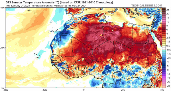 Weather map of North Africa shows extreme temperature anomalies recorded 24 May 2024.