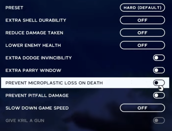 a menu of game settings:
• extra shell durability
• reduce damage taken
• lower enemy health
• extra dodge invincibility
• extra parry window
• prevent microplastic loss on death
• prevent pitfall damage
• slow down game speed
• give Kril a gun