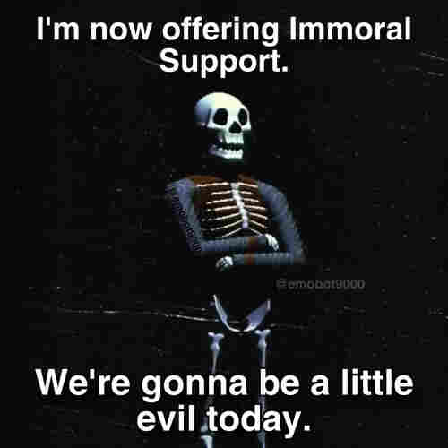 I'm now offering Immoral Support.

We're gonna be a little evil today.

[Picture of a skeleton standing with its arms folded across its belly]