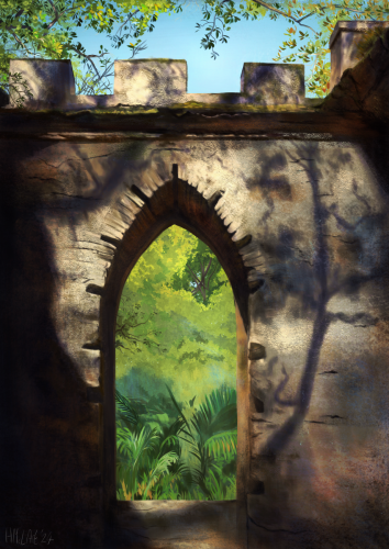 A digital painting, in a painterly style, though with a fair amount of detail. It features an arched, unglazed window in a very old, mossy castle wall. Above it are a few spindly trees, and byond the arch is a mass of green foliage. The scene is bathed in dappled afternoon sunlight.