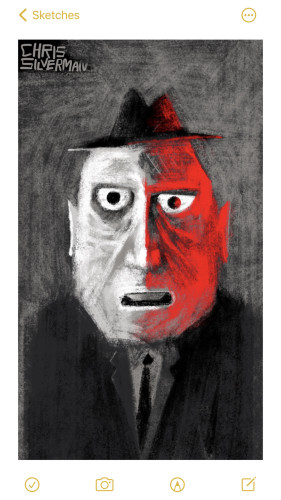 A person wearing a fedora and a dark suit and tie. The person has wide, staring eyes, and an extremely intense expression. The person's head is disproportionately large, and looks more like an illustration or cartoon than a realistic rendering. The right side of the person's head is bright red, as though caught in a red spotlight. The left side is white. This is a craggy, round face: perhaps a businessman gone to seed, or a dissolute government agent with too many years on the job. This is a primarily black and white drawing, with the exception of the red.