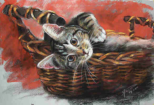 Painting of a grey  and brown coloured cat in a brown basket, looking towards the viewpoint. The background of the painting is red in the middle, and light grey in the lower left and upper right corner. 