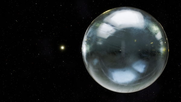 A computer graphic image of a planet made of glass orbiting a distance star. 