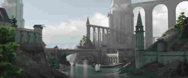 Environment concept art painting showing a medieval fortress at a river.