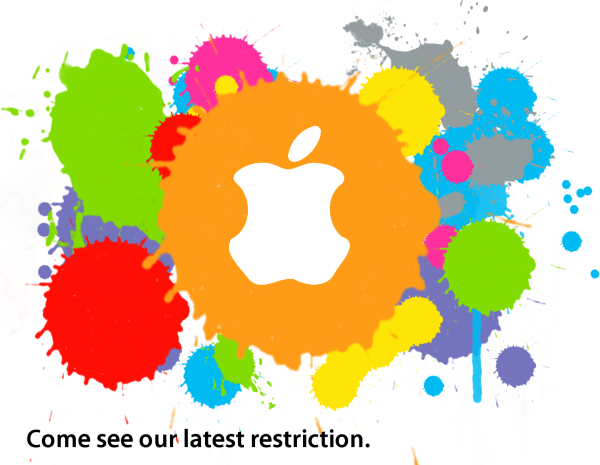 Apple logo on splatters and a line saying Come see our latest restriction