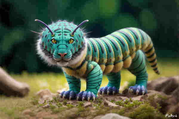 Hybrid animal made with Photoshop and Stable Diffusion. Tiger-Caterpillar combination. A funny animal.