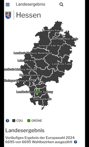 Karte von Bundesland Hessen. jeder Wahlbezirk ist schwarz eingefärbt, weil überall die CDU die meisten Stimmen erhalten hat. Ein Wahlbezirk - Darmstadt - ist grün.
