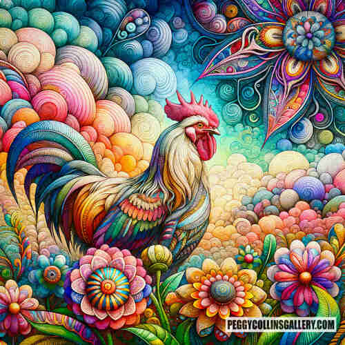 Colorful artwork of a rooster named Reggie surrounded by flowers, with a mandala sun shining down, by artist Peggy Collins.
