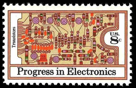 Description from the forum post: This United States 1973 stamp entitled Progress in Electronics shows a circuit board with transistors.