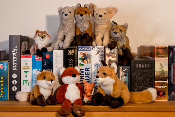 Ten fox plushies of different kinds sitting on a row of board game boxes, all looking into the camera.