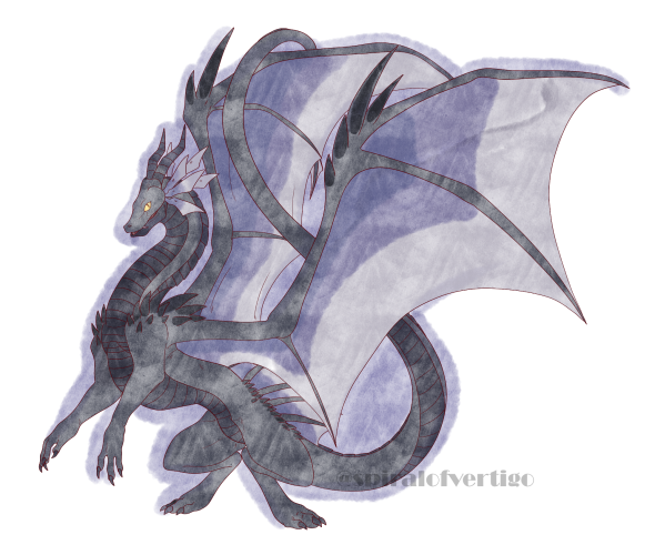 A refined ink sketch of a dark blue and purple dragon standing up on his rear legs.