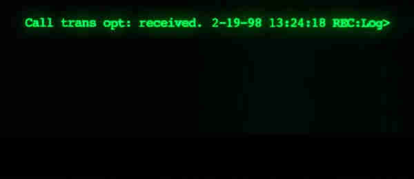 Green text on a black computer screen, vintage-style. The text reads, "Call trans opt: received. 2-19-98. 13:24:18 REC:Log>."
