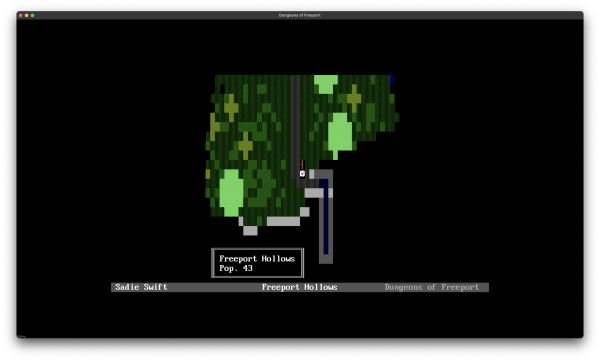 Dungeons of Freeport running through libSDL, in a macOS window. It’s showing fake EGA 16-colour ASCII graphics. Though, y’know, fake is… subjective. What even IS real? Either way, it’s not rendered through a “real” terminal of any sort.