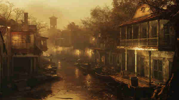 A scene from a fictional game titled "Fallout: Orleans Swamp." It portrays an eerie, post-apocalyptic environment that seems to be inspired by the atmospheric swamps of New Orleans. The golden-hued lighting suggests either a sunrise or sunset, casting a glow on the dilapidated wooden houses that line a flooded street, now more of a canal, with boats moored haphazardly along its sides. Overgrown foliage and scattered debris suggest long-term abandonment. A water tower looms in the misty background, providing a sense of scale and further enhancing the desolation of the scene. The architecture and the overall ambience are reminiscent of a once-vibrant neighborhood now fallen into decay, characteristic of the Fallout series’ themes of faded Americana and survival in a post-nuclear world.