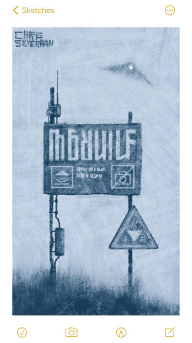 A large sign with a word written in an alien language. Below the word on the sign is some indistinct lettering and two symbols: a triangle with lines radiating down from it, and something indicating that no photography is allowed. On the left leg of the sign is a smaller triangular sign with similarly mysterious glyphs on it. On the right leg of the sign is a small box and wires, leading to an antenna at the top of the sign. Behind the sign, in the sky, is the blurry form of a triangular dark aircraft with a single white light visible under it. This is a monochrome drawing, primarily in various shades of grayish blue.