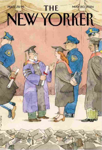 Front of the New Yorker Magazine, with a cartoon of a graduation ceremony. The graduates all have zip ties on their hands and are being escorted by NYPD.