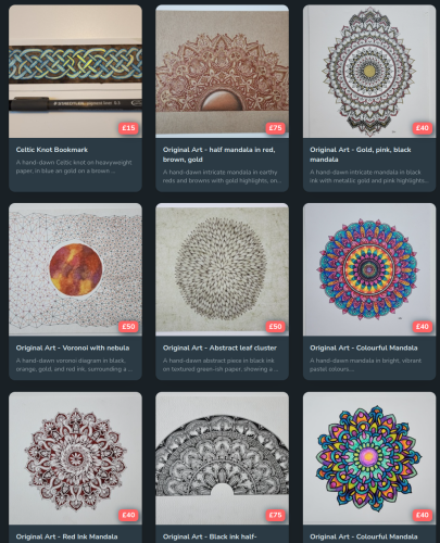 Screenshot of a shop page from Ko-Fi showing a selection of original hand-drawn artworks for sale - mandalas, abstract art, some black ink, some coloured