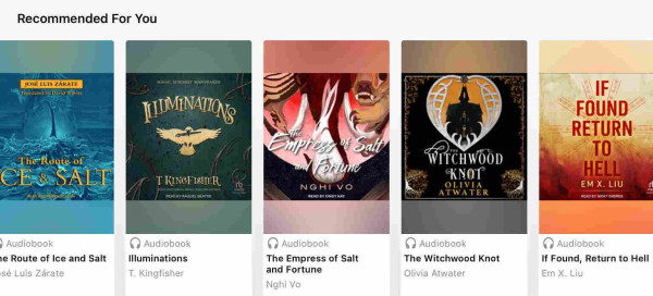 Titles recomended to me in the Hoopla library app

The Route of Ice and Salt 

Illuminations 

The Empress of Salt and Fortune

The Witchwood Knot

If Found, Return to Hell