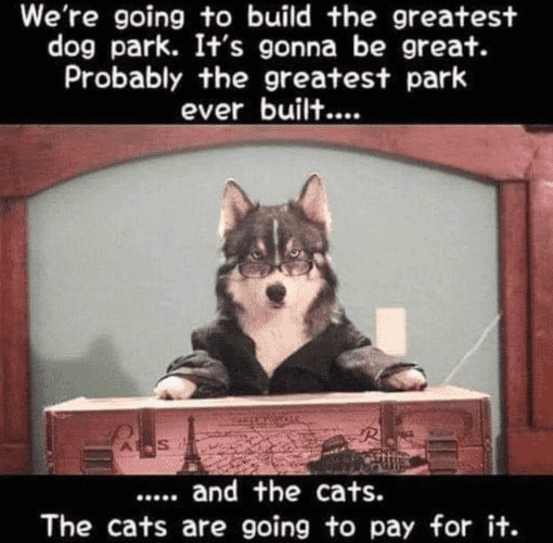 (A dog giving a speech) We're going to build the greatest dog park. It's gonna be great. Probably the greatest park ever built.... ..... and the cats. The cats are going to pay for it. 