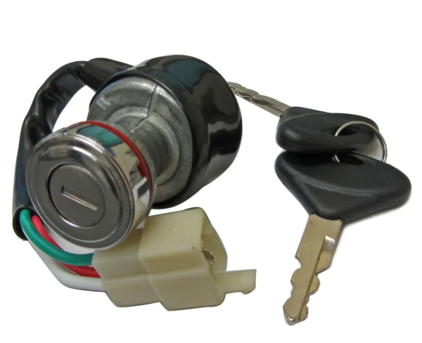 Product photo of a key starter component. It's a metal keyhole with wires coming out of it. It looks suited for a vehicle's ignition system or something. 