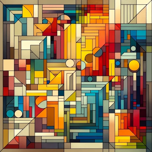 Geometric abstract art with rainbow color scheme.