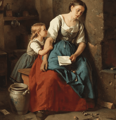 Oil painting showing a mother sitting down in 1700s (?) clothing with an emotion of hopelessness and depression on her face while her young daughter looks up at her.