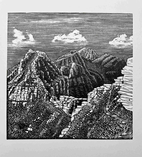 Wood engraving print in black ink. A mountain ridge weaves its way into the distance. A faint path crosses the col and climbs part of the way up the pinnacle on the left before disappearing.