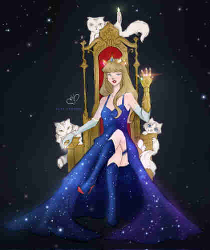 Taylor dressed in a midnight gown, sitting on a throne, surrounded by her three cats, wearing the Infinity Gauntlet.