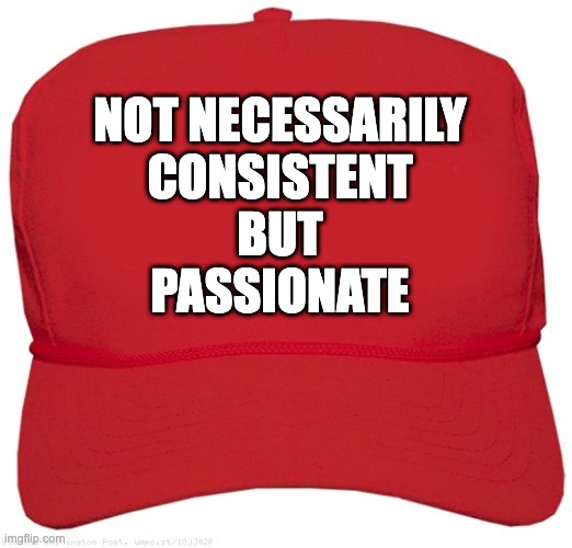 a MAGA hat which reads: NOT NECESSARILY CONSISTENT BUT PASSIONATE