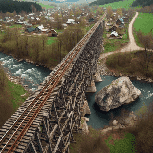 A railway bridge constructed of rails on wooden ties. There are no sides, no roof, and the tracks. It is about 50 meters above a small flowing river. There are a few scattered trees around the river. Crossing the bridge to the other side, before the trees, on the left, there is big rock. It sits 40 meters from the river, and about 20 meters off to the side of the tracks. Beyond that, is a tiny suburban village (Bridge is very high above the river with visible rapids