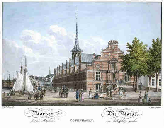 Color postcard of the Danish Stock Exchange, c 1823. By H.G.F. Holm - Københavns Museum http://vaeggen.copenhagen.dk/media/13215, Public Domain, https://commons.wikimedia.org/w/index.php?curid=17839761